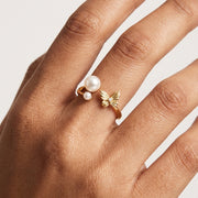 9KT Gold Pearl Flower Open Ring for Women